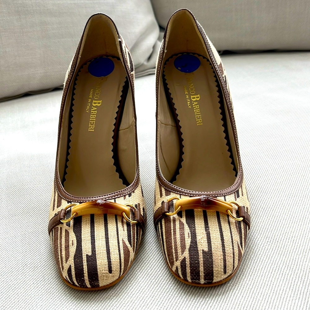 EUC Franco Barbieri Italian Designer Pumps leather & fabric  6.5 brown beige
